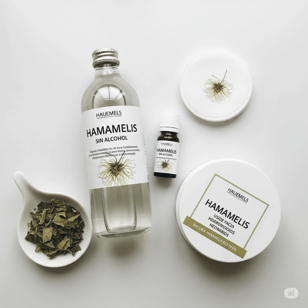 Presentación plana bellamente organizada que muestra varias formas de productos de Hamamelis: una botella de agua de Hamamelis transparente (etiquetada en español, idealmente "sin alcohol"), una pequeña botella de extracto de Hamamelis, un recipiente con almohadillas impregnadas de Hamamelis (para hemorroides o uso facial) y un pequeño plato con hojas de Hamamelis secas. El entorno es limpio y sugiere una rutina natural de cuidado de la piel.