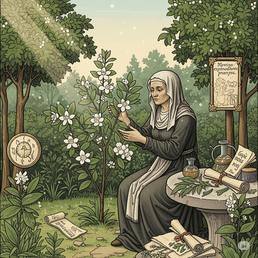 Ilustración o pintura estilo vintage que representa una escena medieval europea con una figura histórica (ej. un monje herbolario o una mujer sabia) cuidando un arbusto de espino blanco en un jardín, con sutiles señales visuales de pergaminos o textos antiguos, simbolizando su larga historia en la medicina tradicional.