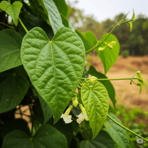 Primer plano fotorrealista y vibrante de las hojas y delicadas flores de Gymnema sylvestre, mostrando la vid trepando sutilmente. Las hojas deben ser prominentes, con una sensación ligeramente texturizada. El fondo podría ser un entorno natural suavemente desenfocado y de tonos cálidos que recuerde a su India natal, transmitiendo su origen natural y el enfoque en las partes de la planta.