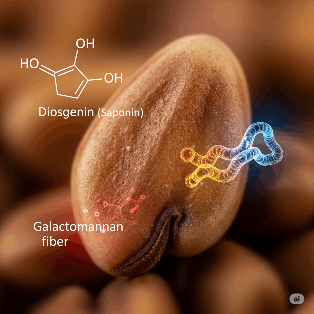 Primer plano macro fotorrealista de una sola semilla de Fenogreco, quizás con representaciones abstractas y suavemente brillantes de compuestos químicos clave como una molécula de diosgenina (una saponina) y una cadena de fibra de galactomanano superpuestas sutilmente, simbolizando los componentes activos responsables de sus beneficios metabólicos y hormonales.