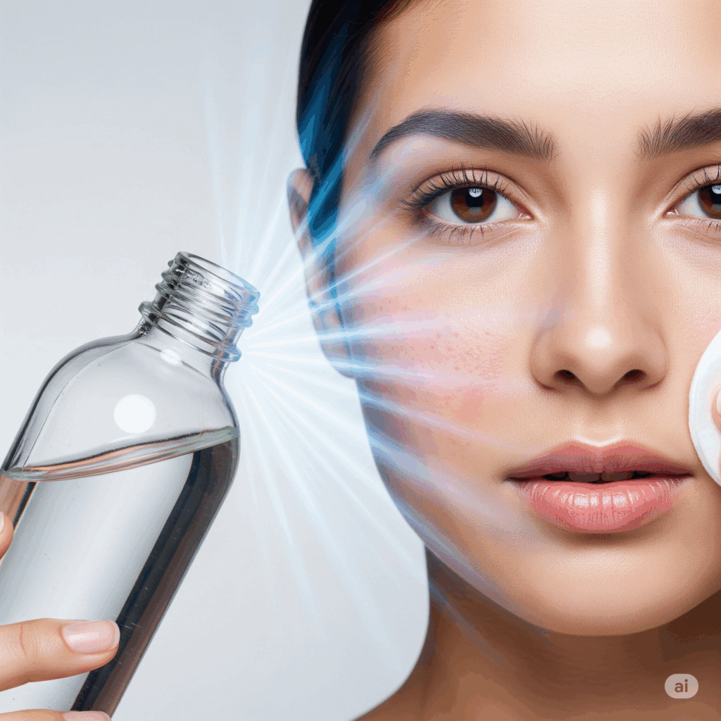 Imagen conceptual fotorrealista que muestra un rostro humano estilizado con áreas como la zona T o piel irritada, con una luz suave, calmante y de tono frío o un sutil efecto tensor que irradia de una botella o aplicación de agua de Hamamelis, transmitiendo sus beneficios para reducir los poros, calmar la irritación y equilibrar la piel.