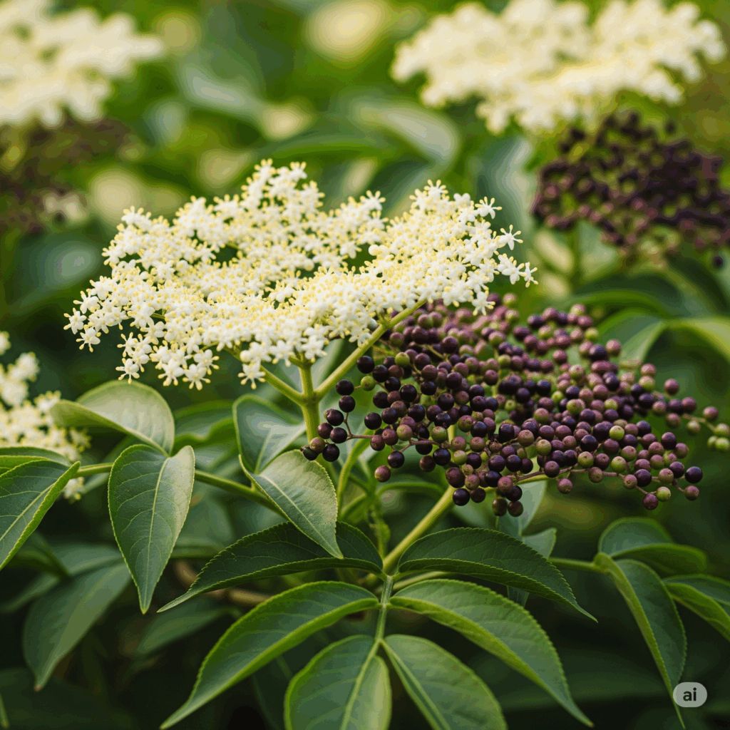 Primer plano fotorrealista y vibrante de una rama de Saúco (Sambucus nigra) con sus flores de saúco de color blanco cremoso (en plena floración) y bayas de color púrpura oscuro desarrollándose o maduras, entre hojas verdes exuberantes. La iluminación es suave y atractiva, enfatizando la doble belleza de la planta y su abundancia natural.