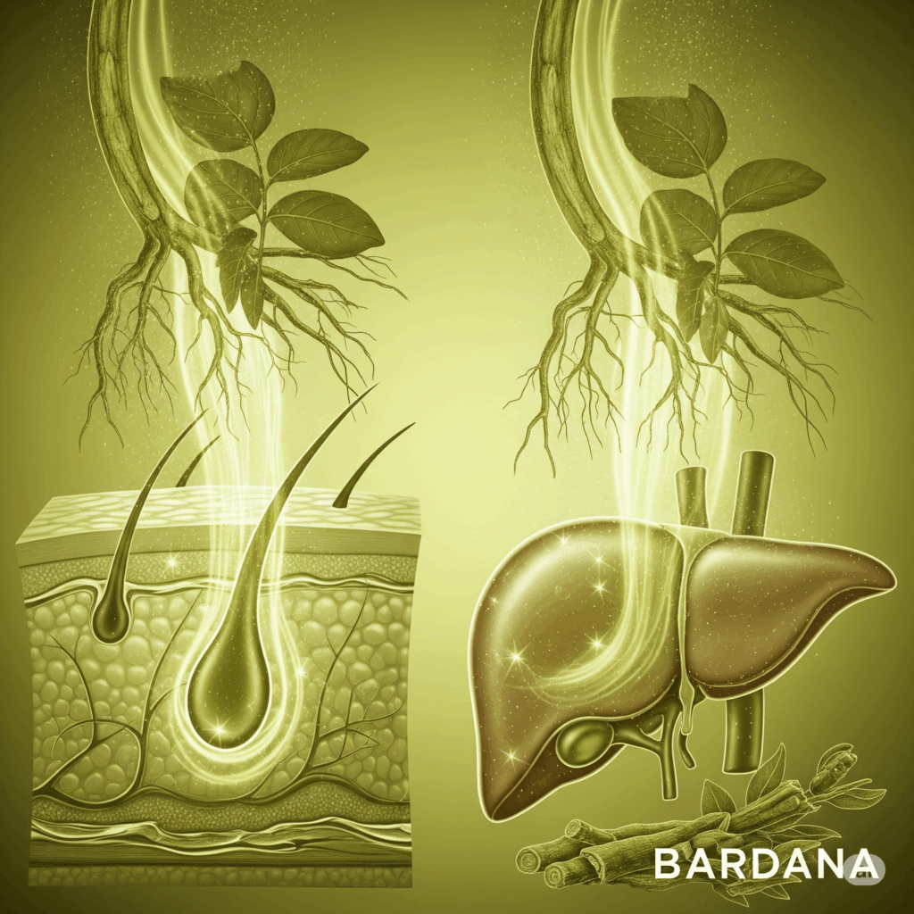 Imagen conceptual fotorrealista que muestra representaciones estilizadas de piel humana (clara y saludable) y un hígado sano, con una luz o líquido verde dorado suave y purificador fluyendo a través de ellos, emanando de raíces y hojas de Bardana. El estado de ánimo general debe transmitir desintoxicación, claridad de la piel y limpieza interna.