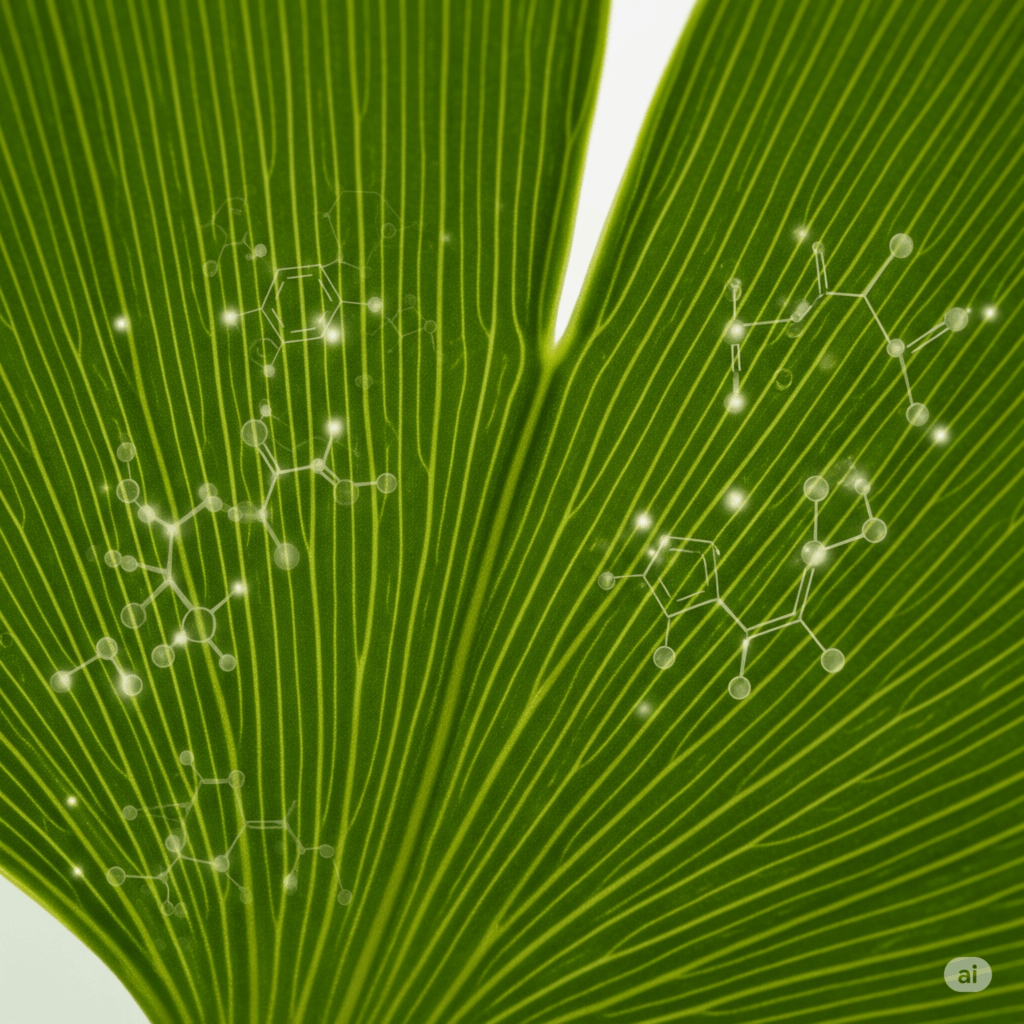 Primer plano macro fotorrealista de una hoja de Ginkgo biloba, quizás con representaciones abstractas y suavemente brillantes de moléculas de flavonoides y terpenoides (como el bilobálido o un ginkgólido) superpuestas sutilmente, simbolizando los compuestos activos clave responsables de sus beneficios cognitivos y circulatorios.