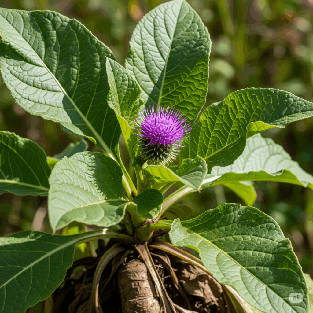 Primer plano fotorrealista y vibrante de una planta de Bardana (Arctium lappa) en un entorno natural, mostrando sus grandes hojas anchas y una característica cabeza de flor púrpura similar a un cardo. La imagen debe transmitir robustez y vitalidad natural, quizás con una pista de su raíz profunda parcialmente visible, simbolizando su poder "subterráneo".