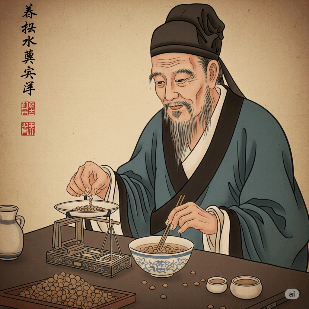Ilustración o pintura estilo vintage que representa una escena histórica donde se utiliza la Bardana. Podría mostrar a un herbolario medieval europeo preparando una decocción de la raíz, o a un practicante de medicina tradicional china usando "Niú Bàng Zi" (semillas de bardana) en un remedio tradicional, destacando su larga historia como "purificador de la sangre".