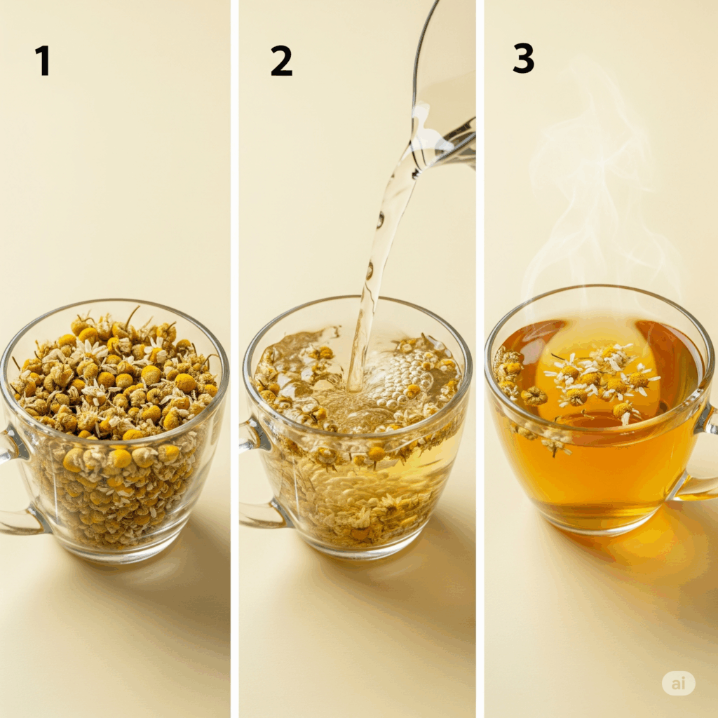 Secuencia visual fotorrealista paso a paso de cómo preparar una infusión de manzanilla: flores secas en una taza, vertiendo agua caliente y la taza de té terminada, mostrando su fácil preparación.
