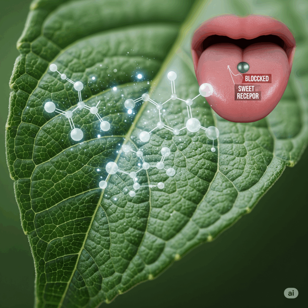Primer plano macro fotorrealista de la superficie de una hoja de Gymnema sylvestre, quizás con representaciones abstractas y suavemente brillantes de moléculas de ácido gimnémico superpuestas sutilmente. La imagen también podría mostrar sutilmente papilas gustativas en una lengua con un receptor dulce "bloqueado", simbolizando el mecanismo de acción único de sus compuestos activos.