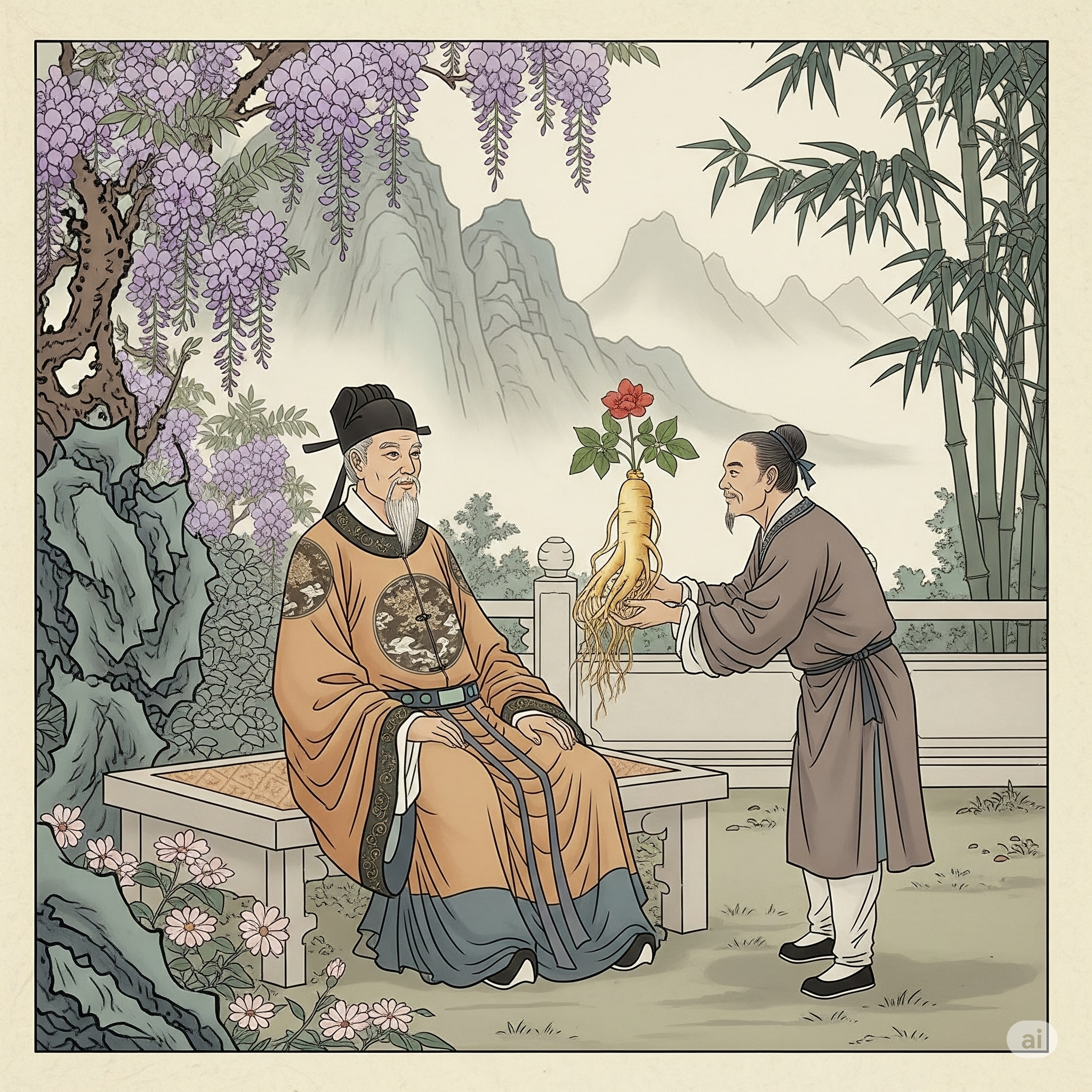 Ilustración o pintura estilo vintage que representa una antigua escena de Asia Oriental, posiblemente un jardín sereno o un paisaje montañoso, con un emperador o erudito recibiendo una preciosa raíz de ginseng de un herbolario respetuoso. El escenario debe evocar la reverencia histórica y la rareza del ginseng en la cultura tradicional china o coreana.