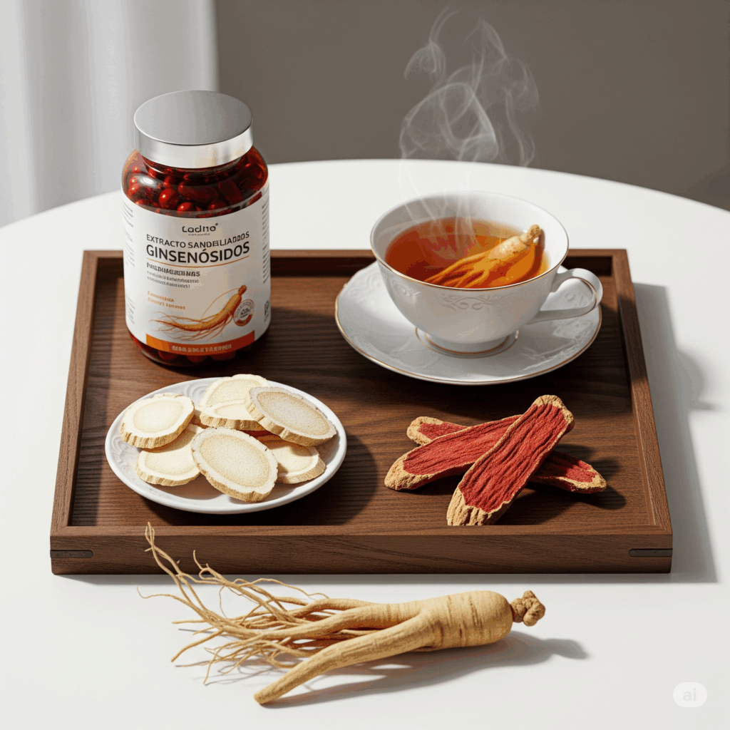 Presentación plana bellamente organizada que muestra varias formas comunes de Ginseng: rodajas secas de ginseng blanco, algunos trozos de ginseng rojo, una taza de té de ginseng humeante y una botella de cápsulas de extracto de ginseng estandarizado (etiquetada en español, destacando "ginsenósidos"). Se debe usar un juego de té tradicional o una exhibición simple y elegante.