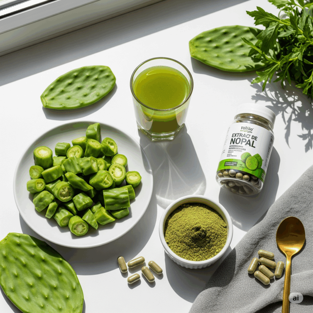 Presentación plana bellamente organizada que muestra varias formas de productos de Nopal: nopalitos frescos cortados listos para cocinar, un vibrante vaso de jugo de nopal, un tazón de polvo de nopal y una botella de cápsulas de extracto de nopal (etiquetada en español). El entorno debe ser limpio y sugerir tanto aplicaciones culinarias como de salud.