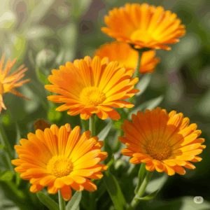 Primer plano fotorrealista y vibrante de un grupo de flores de Calendula officinalis en plena floración, mostrando sus intensos pétalos naranjas y amarillos. La iluminación debe enfatizar su calidez y vitalidad, con un fondo natural suave que sugiera un jardín o un campo soleado, simbolizando su cualidad de "sol curativo".