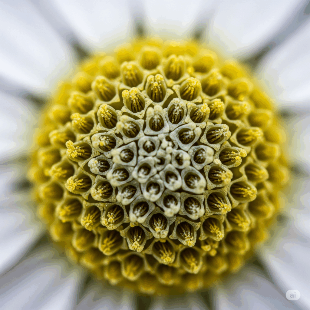 Toma macro fotorrealista detallada de los diminutos y complejos componentes de una flor de manzanilla, resaltando texturas y sugiriendo estructuras químicas, clave para sus principios activos.
