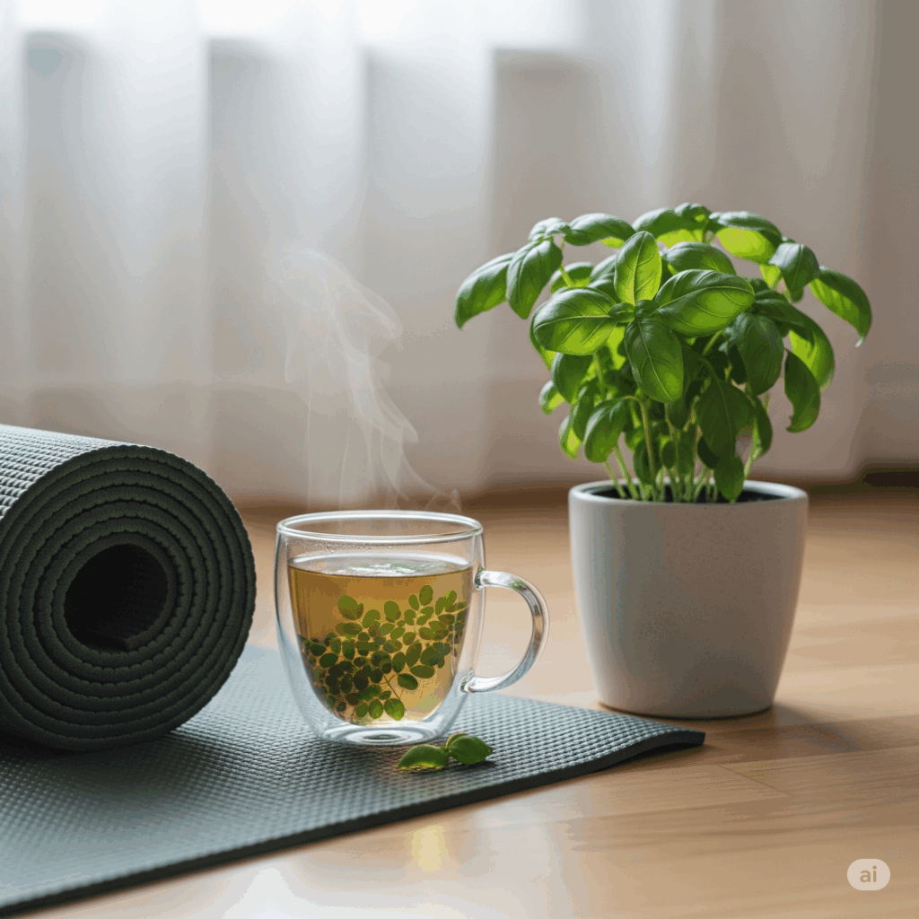 Composición serena con un tapete de yoga, un vaso de té de Moringa y una planta en maceta, transmitiendo una sensación de bienestar holístico y estilo de vida natural.