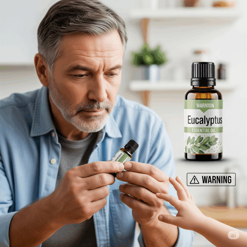 Imagen fotorrealista reflexiva de una persona leyendo cuidadosamente una etiqueta en una botella de aceite esencial de eucalipto, con una expresión ligeramente preocupada. Una sutil señal visual de la mano de un niño cerca o un símbolo de advertencia podría enfatizar la importancia del uso seguro e informado, especialmente con respecto a la posible toxicidad si se ingiere.