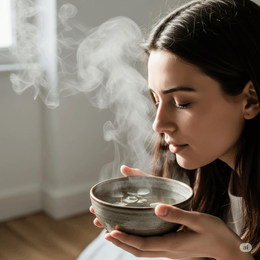 Una escena reconfortante y fotorrealista de una persona inhalando suavemente vapor de un tazón de agua caliente con hojas de eucalipto o unas gotas de su aceite esencial. El vapor cálido se eleva, llevando visiblemente la esencia de eucalipto, sugiriendo alivio de la congestión y una respiración clara.