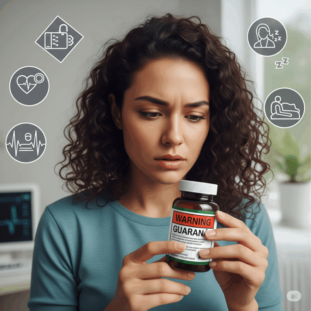 Imagen fotorrealista reflexiva de una persona leyendo cuidadosamente la etiqueta de advertencia en una botella de suplemento de Guaraná, con una expresión seria y cautelosa. Un fondo borroso podría mostrar equipo médico o símbolos que representan palpitaciones cardíacas, ansiedad o trastornos del sueño, enfatizando la importancia crítica de estar al tanto de los posibles efectos secundarios y consultar con un profesional de la salud antes de usarlo.