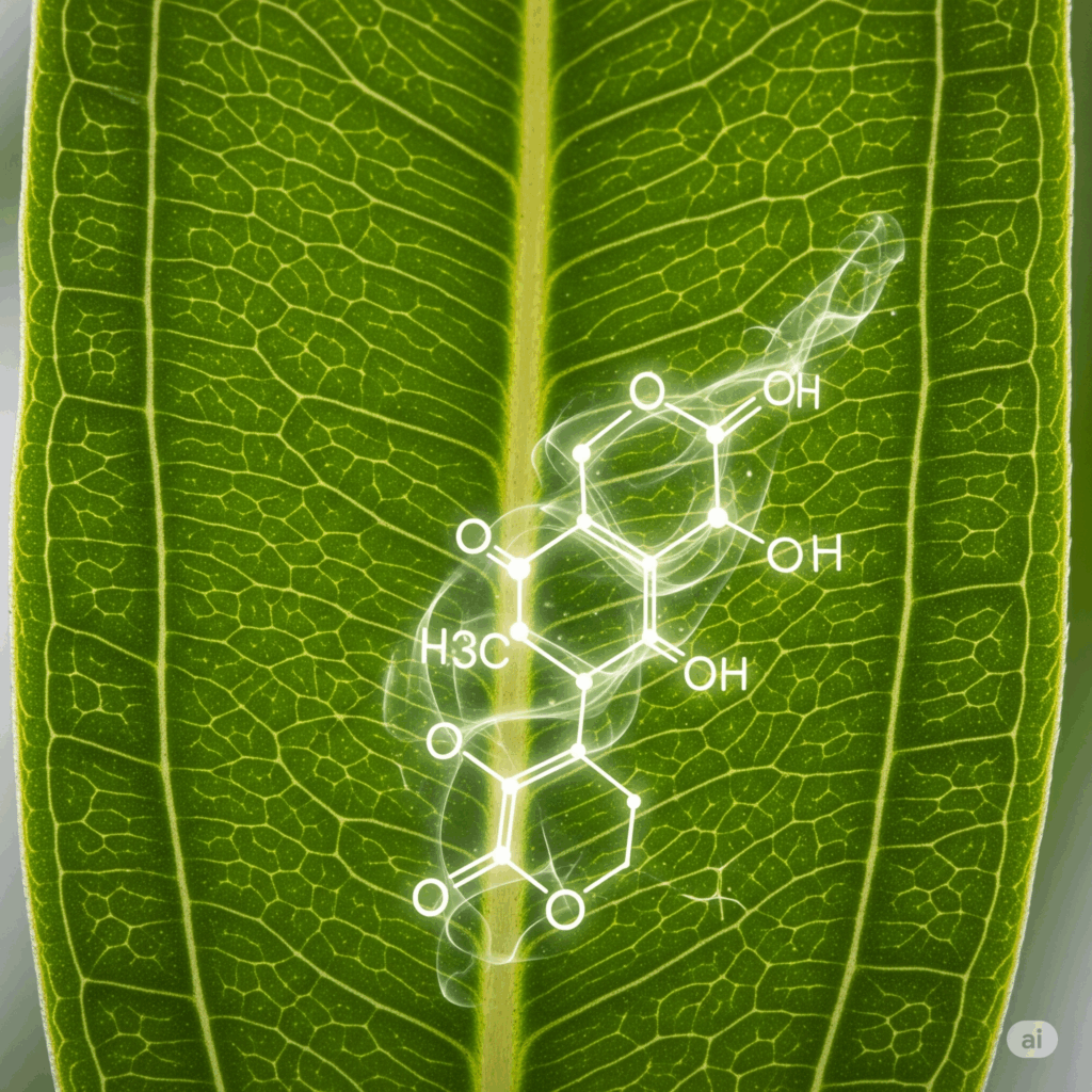 Primer plano macro fotorrealista de una sola hoja de Melaleuca alternifolia, quizás con representaciones abstractas y suavemente brillantes de la molécula de terpinen-4-ol superpuestas o emergiendo sutilmente de la superficie de la hoja, simbolizando el compuesto activo clave responsable de sus propiedades antisépticas.