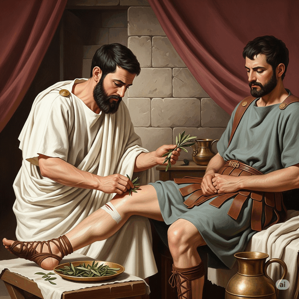 Ilustración o pintura estilo vintage que representa una escena griega o romana antigua donde se utilizan hojas de olivo con fines medicinales. Podría mostrar a alguien preparando una infusión o aplicando hojas a una herida, transmitiendo el uso histórico de las hojas de olivo en la medicina tradicional.