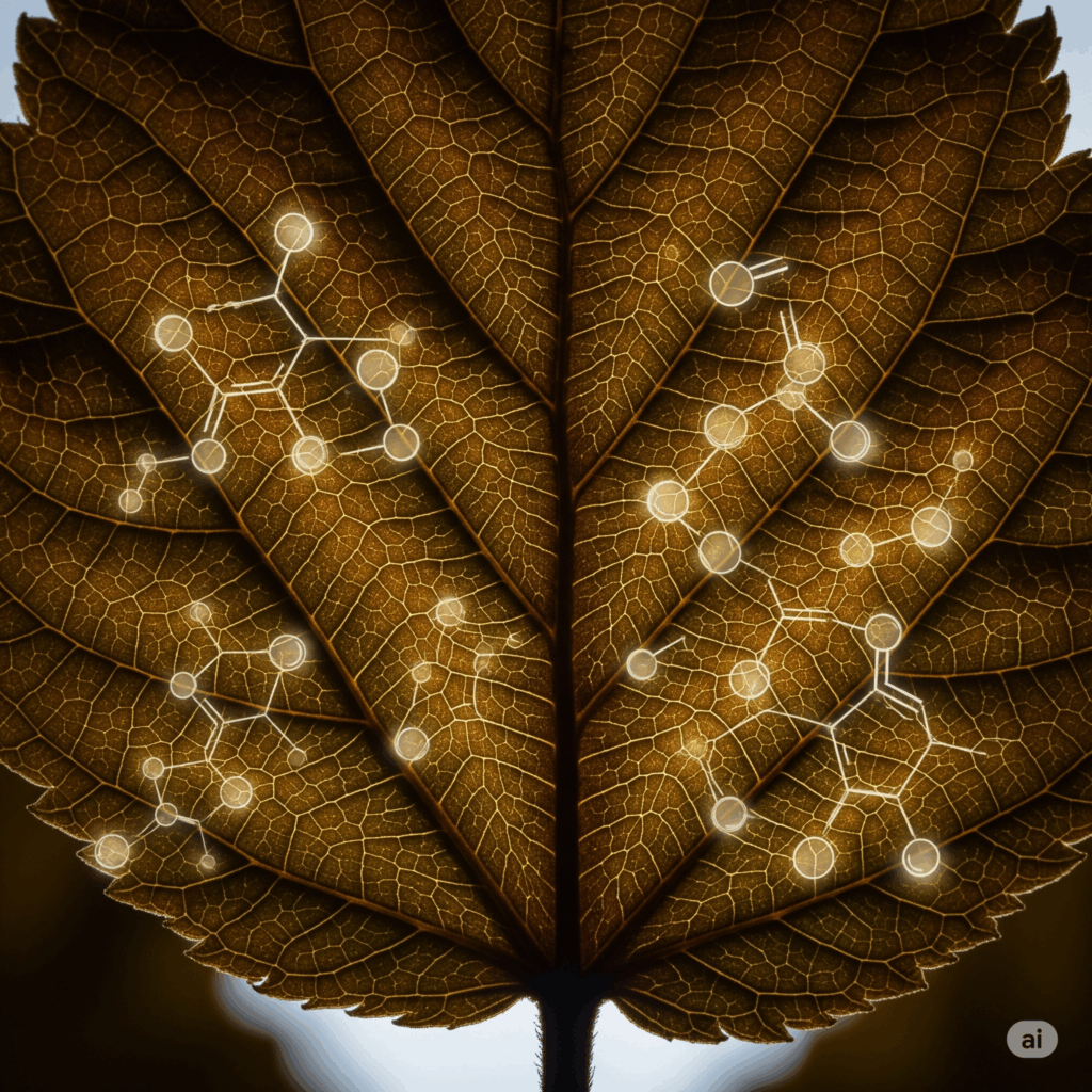 Primer plano macro fotorrealista de una hoja de Hamamelis o un trozo de su corteza, quizás con representaciones abstractas y suavemente brillantes de moléculas de taninos (como la hamamelitannina) superpuestas o emergiendo sutilmente del tejido de la planta, simbolizando los compuestos activos clave responsables de sus propiedades astringentes.