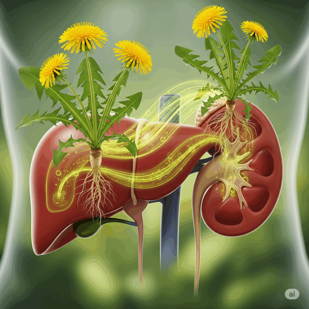 Imagen conceptual fotorrealista que muestra representaciones estilizadas de un hígado y riñones humanos, con una luz o líquido verde dorado suave y purificador fluyendo a través de ellos, emanando de plantas de Diente de León (hojas y raíces). El estado de ánimo general debe transmitir desintoxicación, función saludable y equilibrio de líquidos.