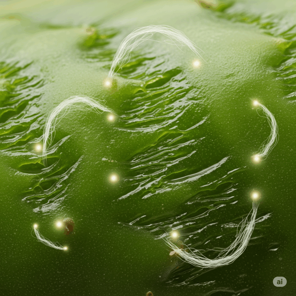 Primer plano macro fotorrealista de la textura fibrosa y algo viscosa de un cladodio de nopal cortado, quizás con representaciones abstractas y suavemente brillantes de moléculas de mucílago o hebras de fibra superpuestas sutilmente, simbolizando los compuestos activos clave responsables de sus propiedades metabólicas y digestivas.