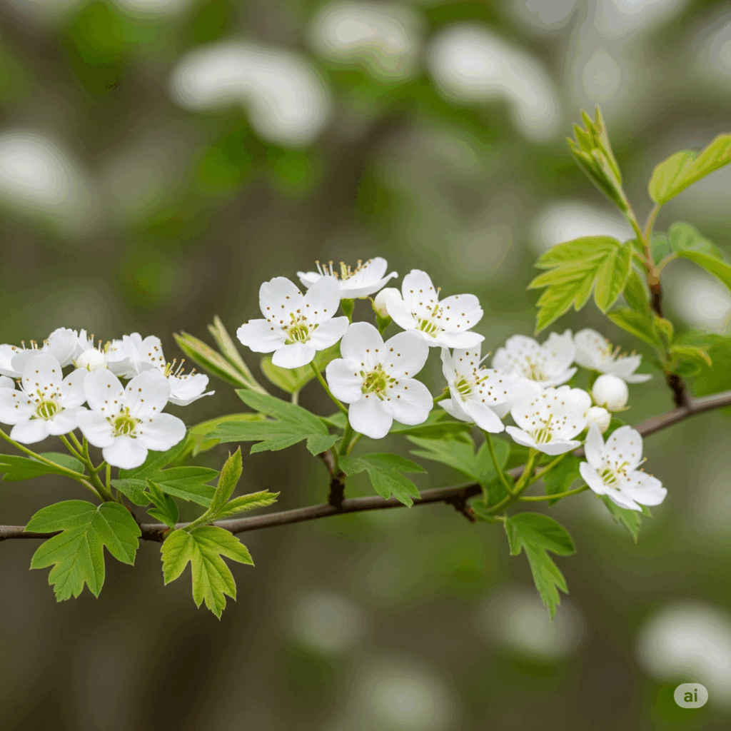 Primer plano fotorrealista y vibrante de una rama de Espino Blanco (Crataegus monogyna) que muestra sus delicadas flores blancas (en plena floración) y hojas jóvenes y verdes. El fondo es un entorno natural suavemente borroso, quizás insinuando un seto o un jardín silvestre, enfatizando su belleza natural y conexión con el paisaje.