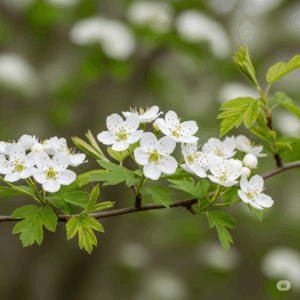 Primer plano fotorrealista y vibrante de una rama de Espino Blanco (Crataegus monogyna) que muestra sus delicadas flores blancas (en plena floración) y hojas jóvenes y verdes. El fondo es un entorno natural suavemente borroso, quizás insinuando un seto o un jardín silvestre, enfatizando su belleza natural y conexión con el paisaje.