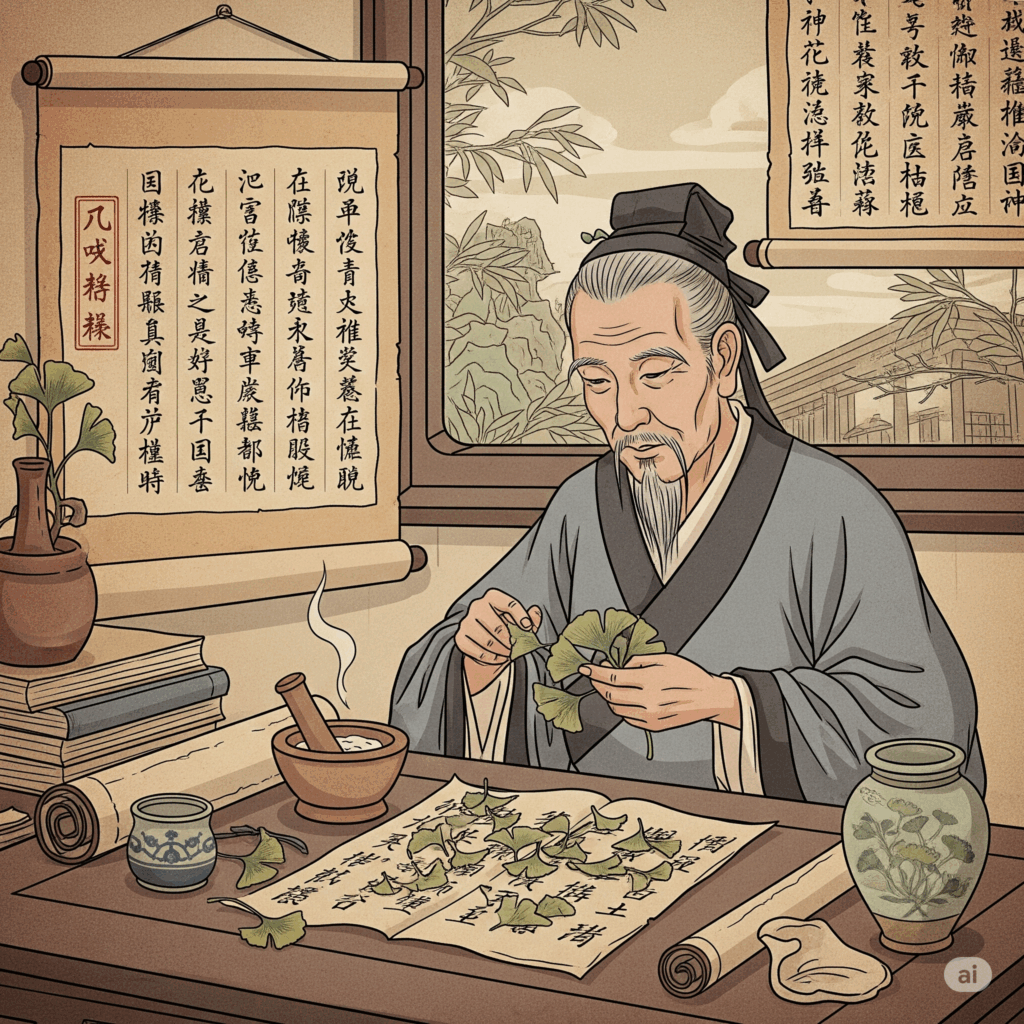 Ilustración o pintura estilo vintage que representa a un antiguo erudito chino estudiando hojas de Ginkgo o preparando un remedio tradicional con ellas. La escena podría incluir textos o pergaminos antiguos y evocar la larga historia del uso del Ginkgo en la medicina tradicional china.