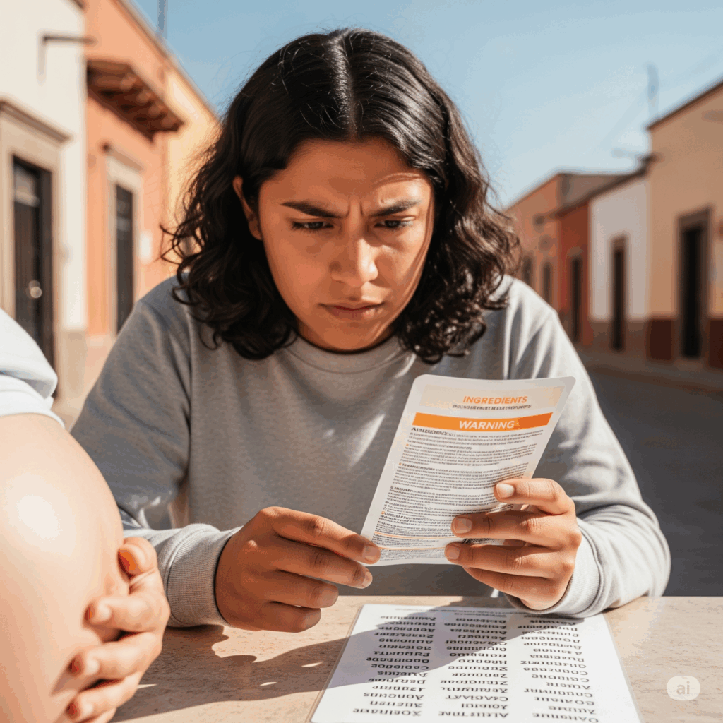 Imagen fotorrealista reflexiva de una persona en Ramos Arizpe leyendo cuidadosamente los ingredientes o advertencias en la etiqueta de un producto de caléndula, con una expresión concentrada y cautelosa. Una sutil señal visual de un vientre de embarazada o una lista de alérgenos conocidos podría estar en el fondo borroso, enfatizando la importancia de estar consciente de las contraindicaciones y posibles reacciones alérgicas.