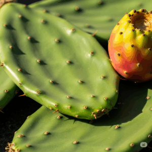 Primer plano fotorrealista y vibrante de cladodios de nopal (pencas) frescos y verdes con espinas sutiles y visibles, y una tuna (fruto de nopal) madura y colorida al lado. La iluminación debe enfatizar la textura y los colores vibrantes de la planta, quizás con un enfoque suave en el fondo para resaltar el nopal mismo, transmitiendo su naturaleza icónica y comestible.