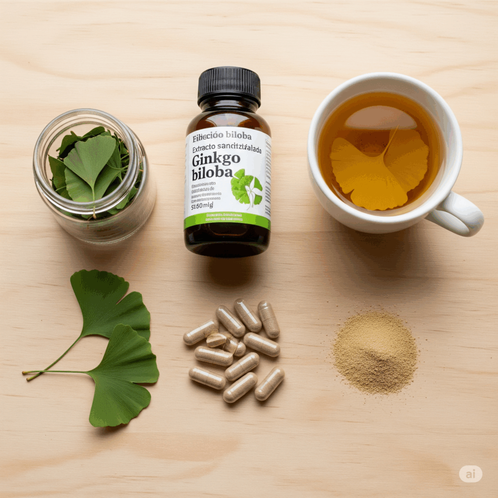 Presentación plana bellamente organizada que muestra varias formas de preparaciones de Ginkgo biloba disponibles en Ramos Arizpe: hojas de Ginkgo secas en un pequeño frasco de vidrio, una botella de extracto estandarizado de Ginkgo biloba (etiquetada en español), cápsulas que contienen polvo de Ginkgo biloba y una sencilla taza de té de hojas de Ginkgo, todo sobre una superficie de madera limpia y de color claro.