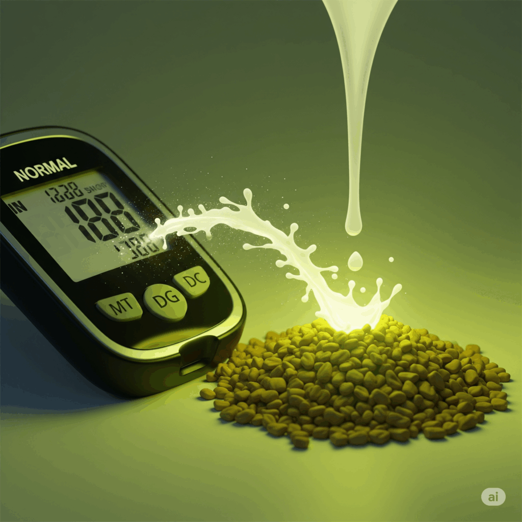 Imagen conceptual fotorrealista que muestra representaciones estilizadas de niveles de azúcar en sangre equilibrados (ej. un glucómetro mostrando lecturas normales) junto con una sutil representación de flujo de leche o gotas de leche materna, indicando apoyo a la lactancia. Una suave luz verde dorada emana de las semillas de fenogreco, conectando estos diversos beneficios para la salud.