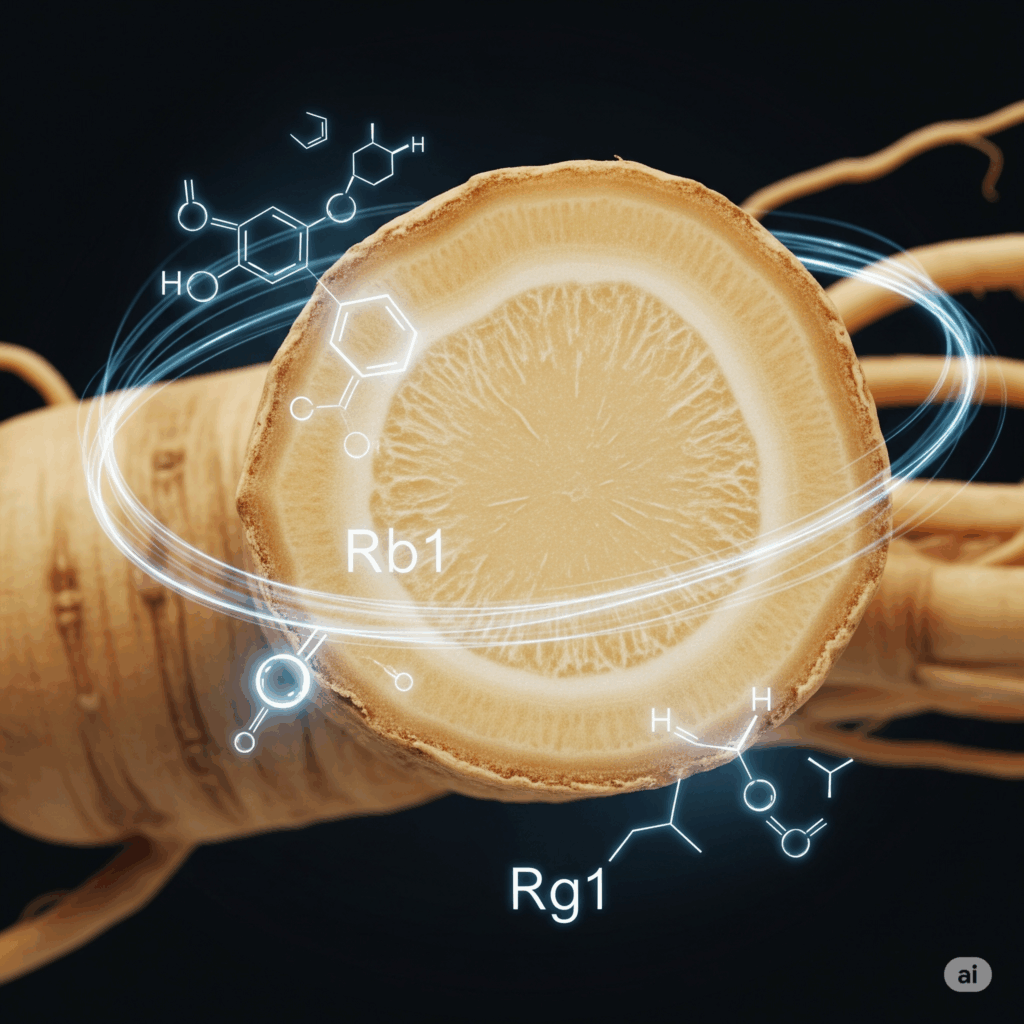 Primer plano macro fotorrealista de una rodaja de raíz de Panax ginseng, quizás con representaciones abstractas y suavemente brillantes de moléculas de ginsenósidos (ej. Rb1, Rg1) superpuestas sutilmente, simbolizando los compuestos activos clave responsables de sus propiedades adaptogénicas. La imagen debe transmitir precisión científica mezclada con belleza natural.