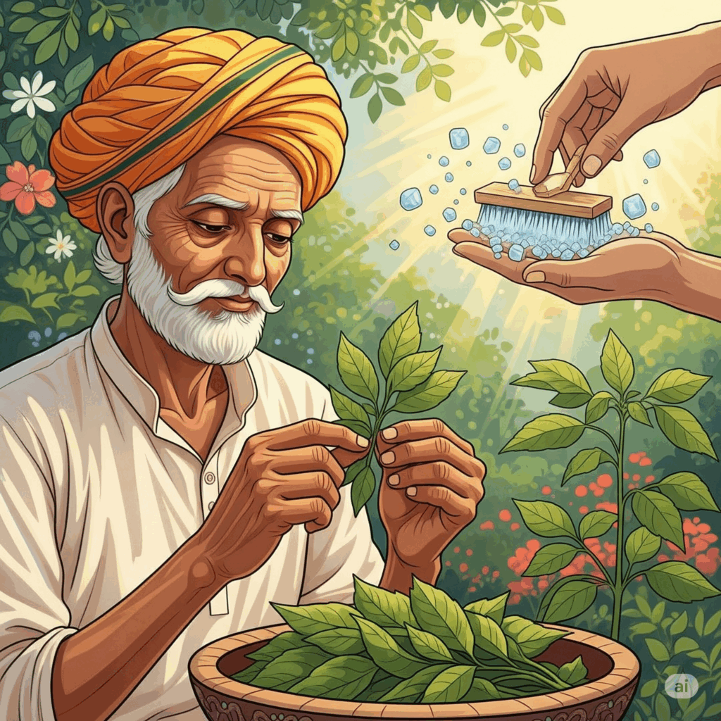 Ilustración o pintura estilo vintage que representa una antigua escena ayurvédica, posiblemente un sanador o sabio indio en un entorno tradicional, examinando o preparando hojas de Gymnema sylvestre. Un elemento visual sutil podría aludir al concepto de "destructor de azúcar" (ej. una mano apartando cristales de azúcar). El ambiente general debe evocar sabiduría y tradición.