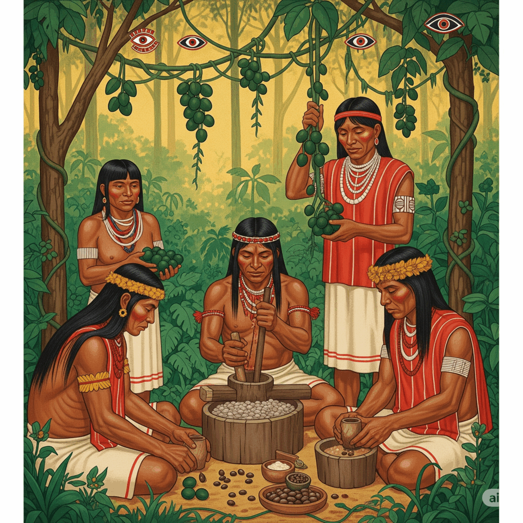 Ilustración o pintura estilo vintage que representa a una tribu amazónica indígena (ej. Sateré-Mawé) en un entorno tradicional, procesando guaraná. Podría mostrar a individuos cosechando los frutos, moliendo las semillas hasta convertirlas en una pasta, o preparando una bebida tradicional de guaraná, con sutiles toques de su mitología (ej. un símbolo de "ojo" estilizado).