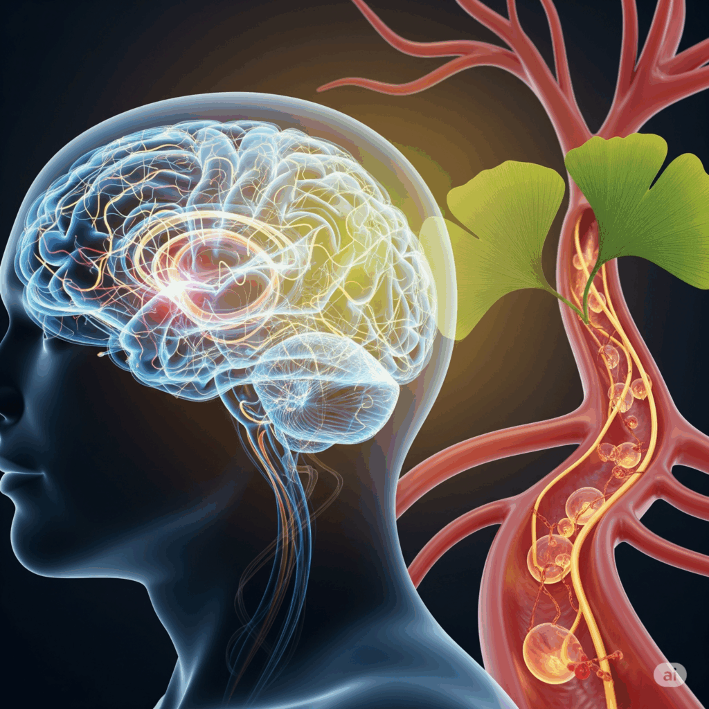 Imagen conceptual fotorrealista que muestra un cerebro humano estilizado con vías interconectadas que se iluminan, junto con una representación visual del flujo sanguíneo saludable en los vasos (quizás con hojas de Ginkgo integradas sutilmente), transmitiendo una función cognitiva mejorada y una circulación mejorada debido al Ginkgo biloba.