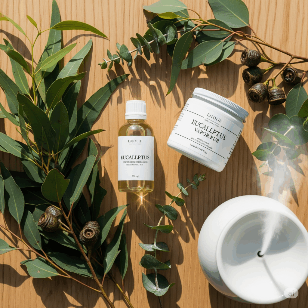Presentación plana bellamente organizada que muestra varias formas de uso del eucalipto: ramas frescas de eucalipto con hojas y cápsulas de goma, una botella de aceite esencial de eucalipto (etiquetada), un frasco de ungüento vaporizante que contiene eucalipto y un difusor humeante liberando niebla con aroma a eucalipto, todo sobre una superficie limpia y natural.