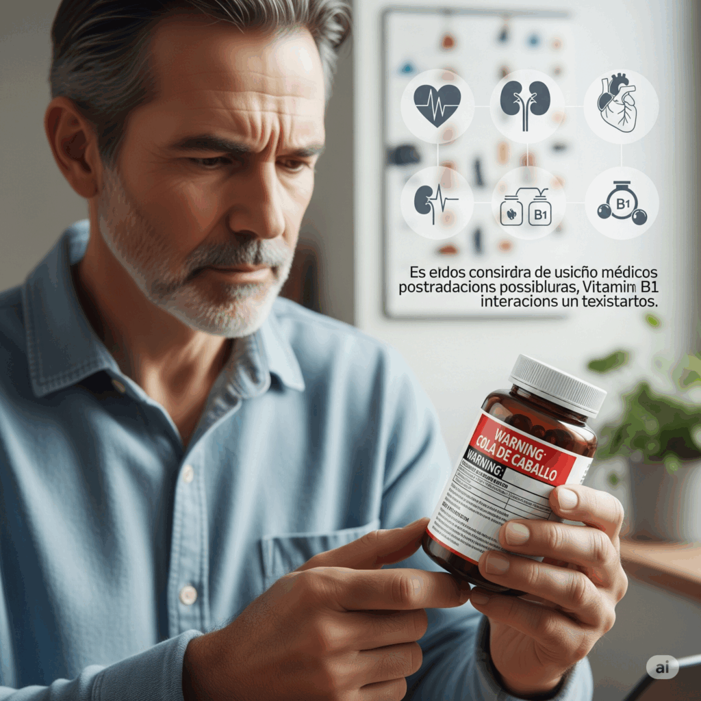 Imagen fotorrealista reflexiva de una persona leyendo cuidadosamente la etiqueta de advertencia en un suplemento de Cola de Caballo, con una expresión seria y cautelosa. Un fondo borroso podría mostrar un historial médico o símbolos que representan problemas cardíacos/renales o deficiencia de Vitamina B1, enfatizando la importancia crítica de la consulta médica debido a posibles contraindicaciones (como problemas renales/cardíacos, deficiencia de B1) e interacciones medicamentosas.