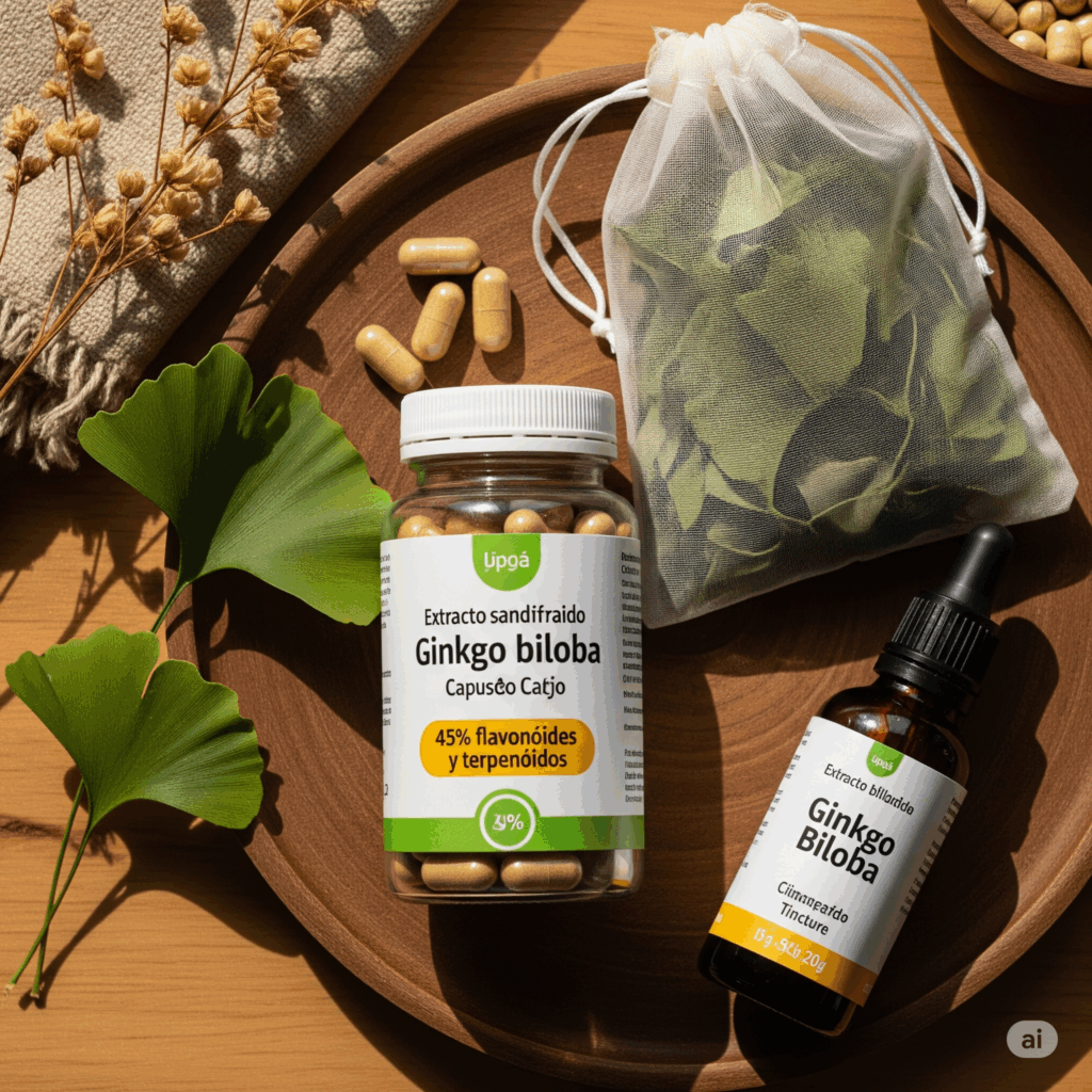 Presentación plana bellamente organizada que muestra varias formas de productos de Ginkgo biloba: una botella de cápsulas de extracto estandarizado de Ginkgo biloba (etiquetada en español, destacando el porcentaje de flavonoides y terpenoides), una pequeña bolsa de hojas de Ginkgo secas y un frasco con gotero de tintura de Ginkgo biloba. El entorno debe sugerir un tema de salud y bienestar natural.
