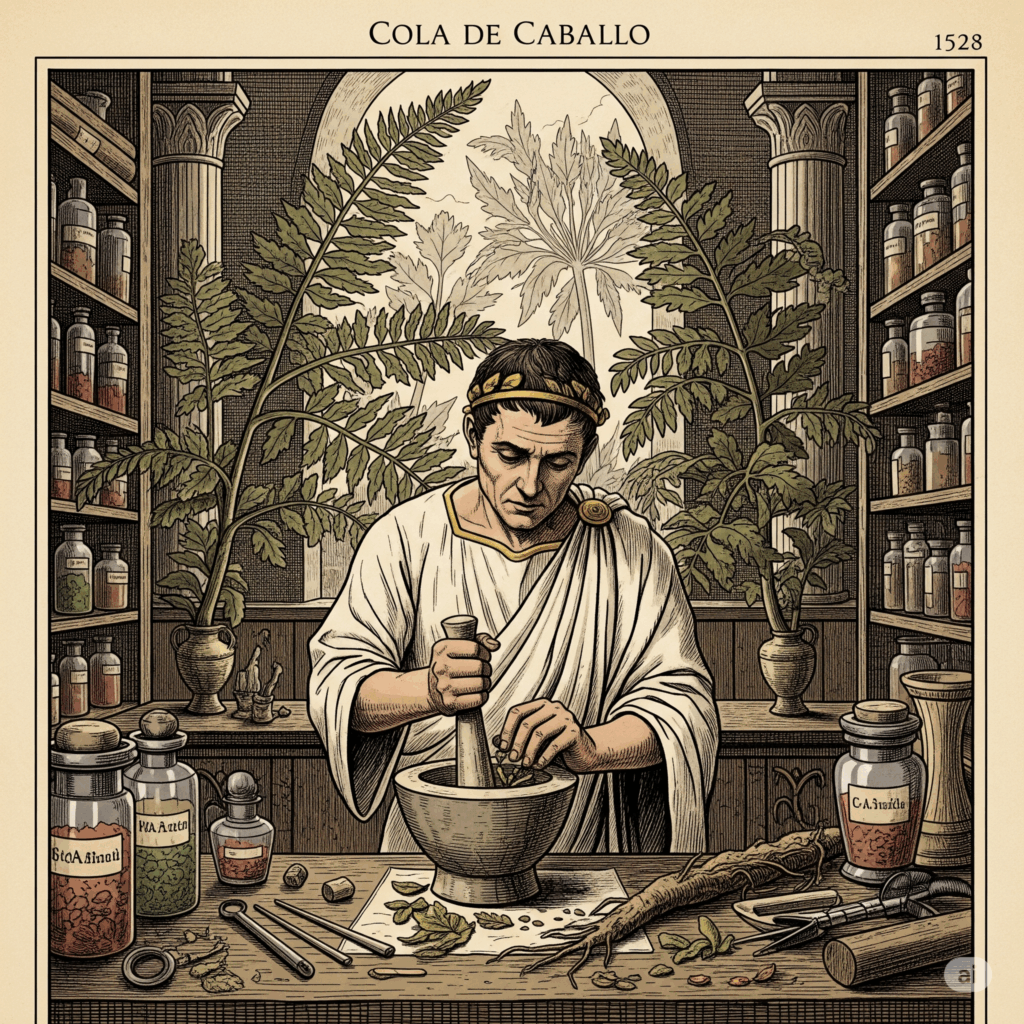Ilustración o pintura estilo vintage que representa una escena histórica donde se utiliza la Cola de Caballo. Podría mostrar a un antiguo médico romano o griego preparando un remedio con ella, o a un herbolario medieval europeo recolectando la planta, quizás con un fondo que muestre grandes plantas antiguas similares a helechos, insinuando su estatus de "fósil viviente".