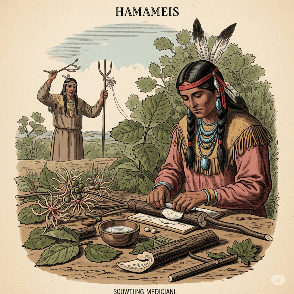 Ilustración o pintura estilo vintage que representa una escena con nativos americanos usando Hamamelis. Podría mostrar a un curandero preparando una cataplasma con la corteza o las hojas de la planta, o a una persona usando una rama bifurcada para la radiestesia, enfatizando su uso tradicional y conexión histórica con las prácticas indígenas.