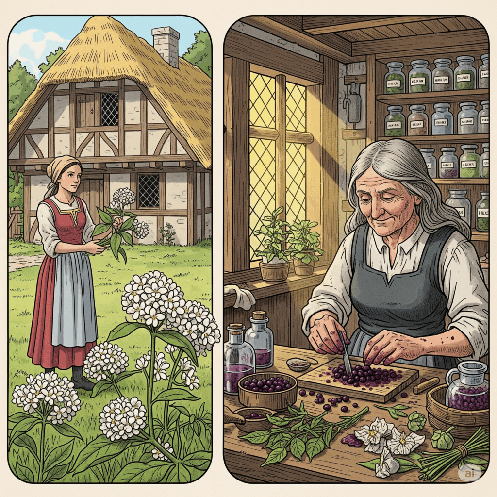 Ilustración o pintura estilo vintage que representa una escena medieval europea con una persona recolectando flores o bayas de saúco cerca de una cabaña, o un herbolario anciano preparando remedios con saúco, transmitiendo su papel de larga data en la medicina popular tradicional y como una "farmacia en miniatura."