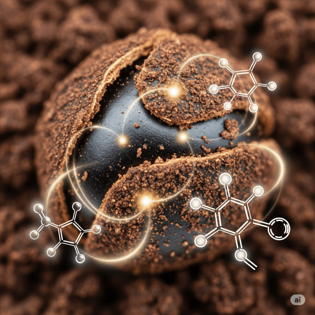 Primer plano macro fotorrealista de una semilla de guaraná molida, quizás con representaciones abstractas y suavemente brillantes de moléculas de cafeína (y posiblemente taninos o teobromina) superpuestas sutilmente, simbolizando los compuestos activos clave responsables de sus propiedades estimulantes y antioxidantes. La imagen debe transmitir precisión científica.