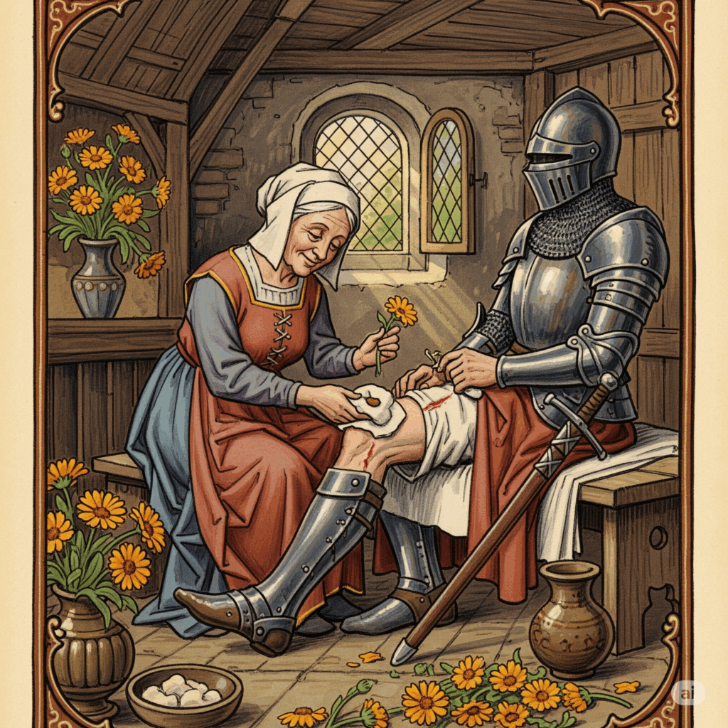 Ilustración o pintura estilo vintage que representa una escena antigua (ej. medieval europea o egipcia antigua) donde se utiliza la caléndula medicinalmente. Podría mostrar a alguien aplicando una cataplasma de caléndula a una herida, o un herbolario recolectando las flores, enfatizando su largo uso histórico en la medicina tradicional.