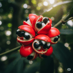 Primer plano fotorrealista y vibrante de un racimo de frutos de Guaraná en su vid, mostrando la llamativa cáscara exterior roja que se abre para revelar las semillas oscuras con arilos blancos, que se asemejan a ojos. El entorno debe ser un ambiente exuberante y ligeramente difuso de la selva amazónica, enfatizando su hábitat natural y apariencia única.