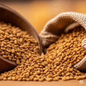 Primer plano fotorrealista y vibrante de semillas de Fenogreco (Trigonella foenum-graecum), mostrando su distintivo color ámbar y forma romboidal, quizás derramándose ligeramente de un cuenco de madera rústico o una pequeña bolsa de yute. El fondo debe ser suavemente desenfocado, de tonos cálidos, sugiriendo un entorno natural de especias o hierbas.