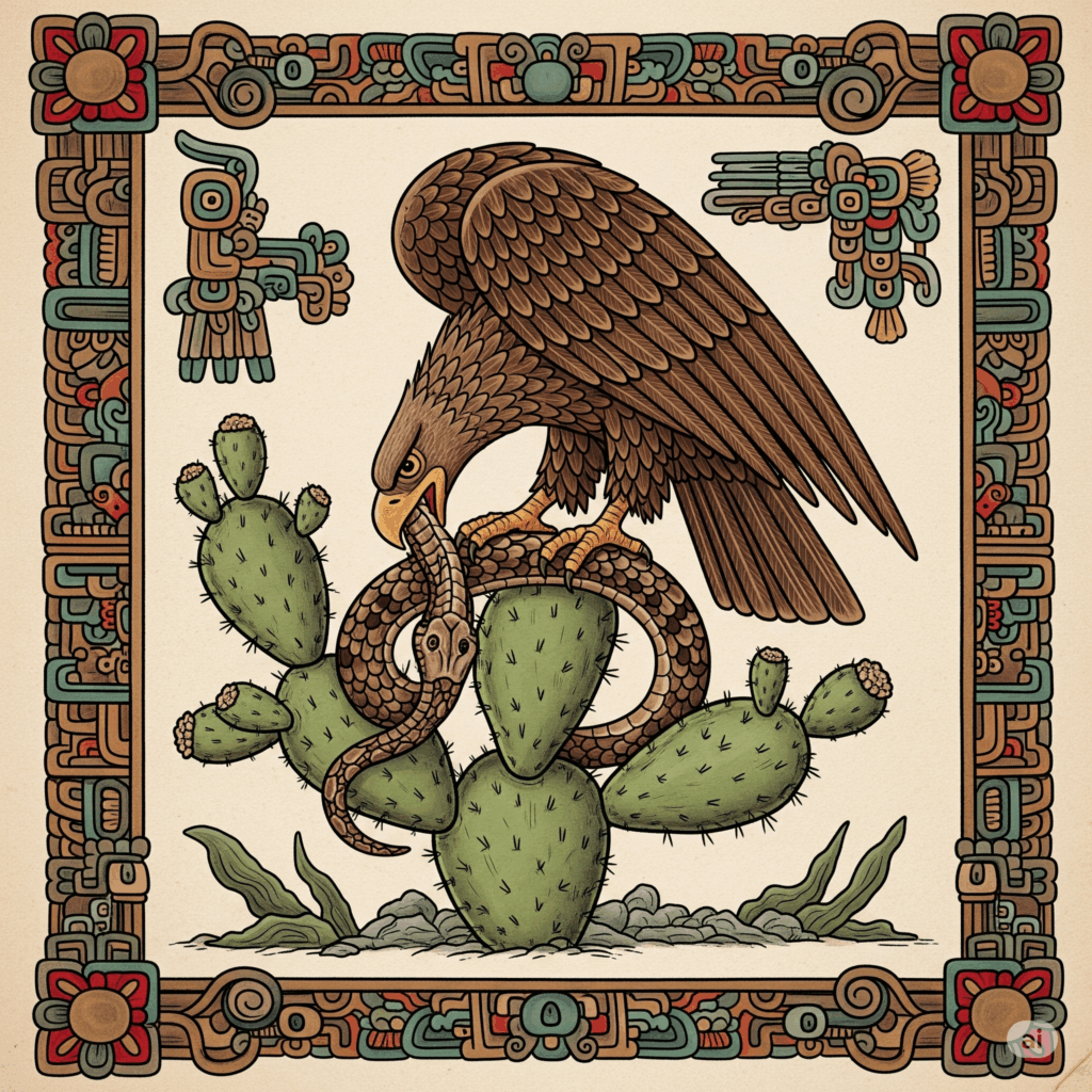 Representación artística o ilustración al estilo de los antiguos códices aztecas, que representa la escena legendaria de un águila posada sobre un nopal devorando una serpiente, simbolizando la fundación de Tenochtitlán. El estilo artístico debe evocar reverencia histórica y significado cultural.