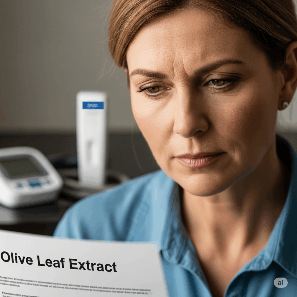 Imagen fotorrealista reflexiva de una persona leyendo cuidadosamente una etiqueta o una hoja informativa sobre el extracto de hoja de olivo, con una expresión ligeramente preocupada, quizás con una sutil señal visual de un equipo de control de la presión arterial o un kit de prueba de azúcar en sangre en el fondo borroso, enfatizando la importancia de ser consciente de las posibles interacciones o efectos en estos parámetros.