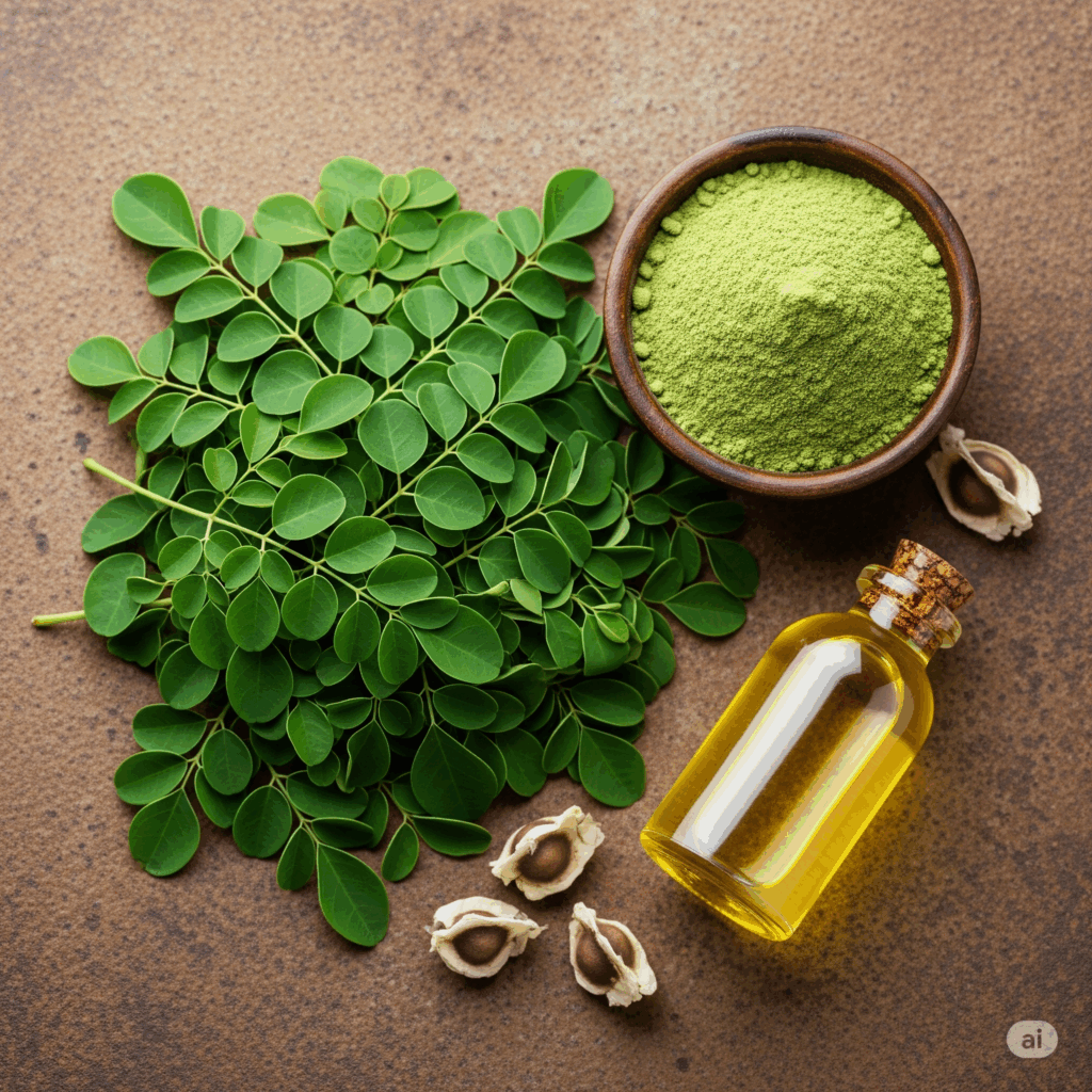 Disposición visual atractiva de productos de Moringa: hojas frescas, polvo de hojas verde brillante, aceite de Moringa y semillas, sobre un fondo natural y terroso.